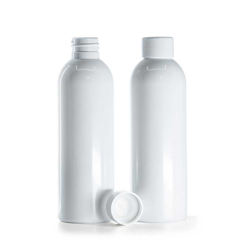 Bottiglia di plastica bianca, tappo bianco liscio con riduttore, 200 ml
