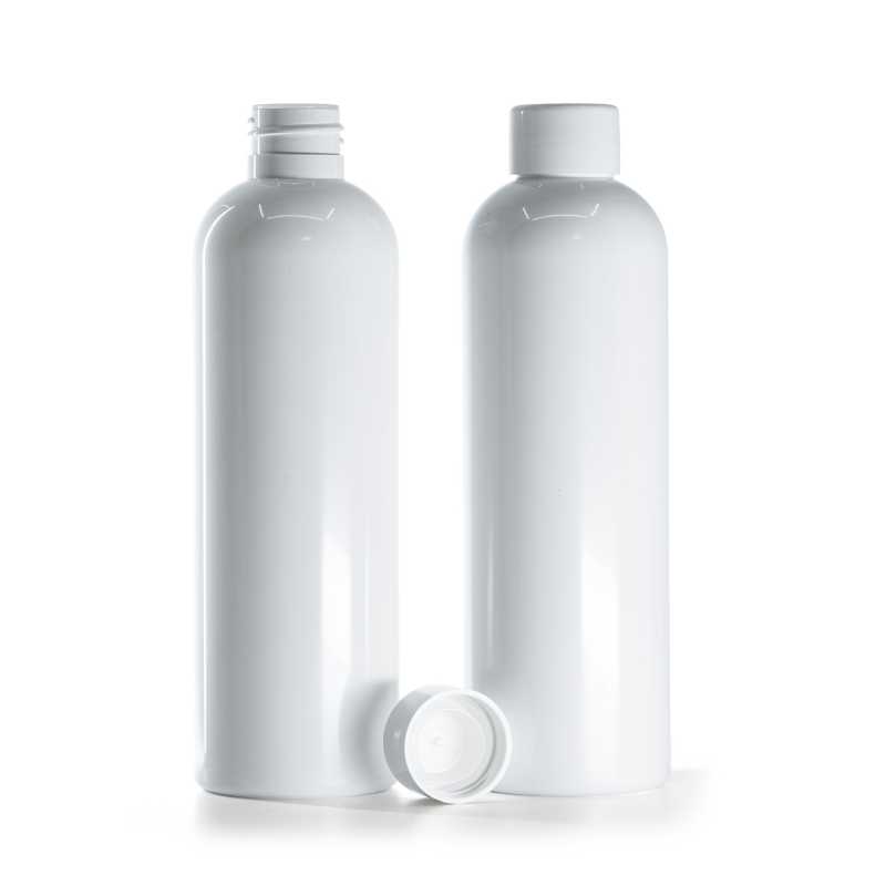 Bottiglia di plastica bianca, tappo bianco liscio con riduttore, 250 ml