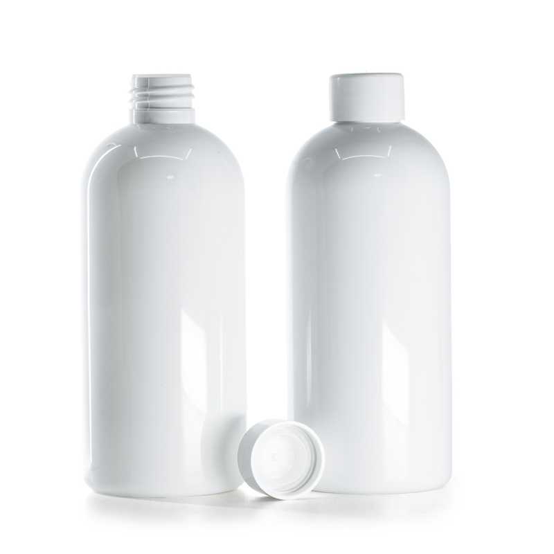 Bottiglia di plastica bianca, tappo bianco liscio con riduttore, 300 ml