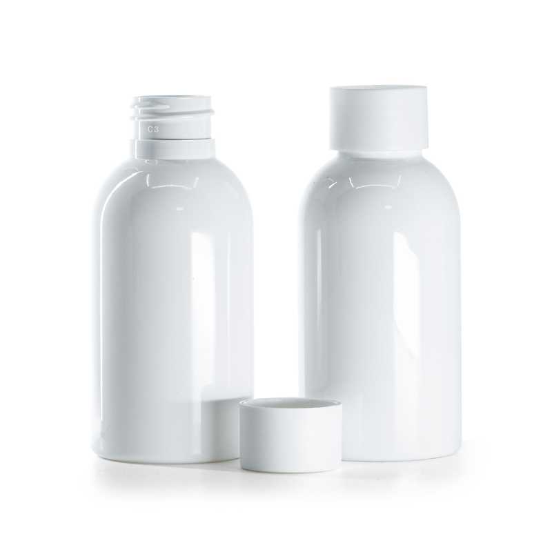 Flacone di plastica bianco, tappo bianco opaco, 100 ml