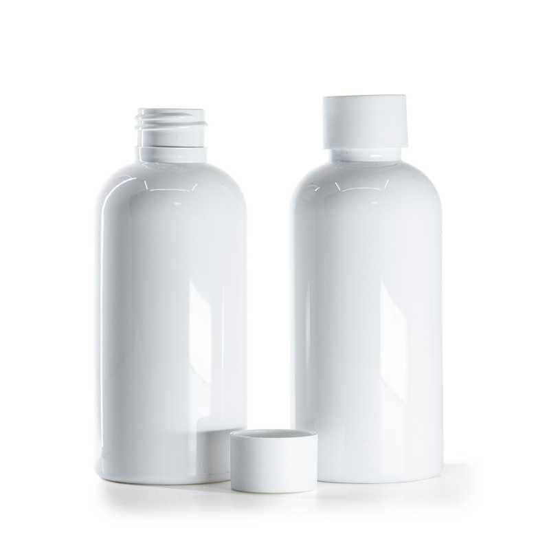 Bottiglia di plastica bianca, tappo bianco opaco, 150 ml