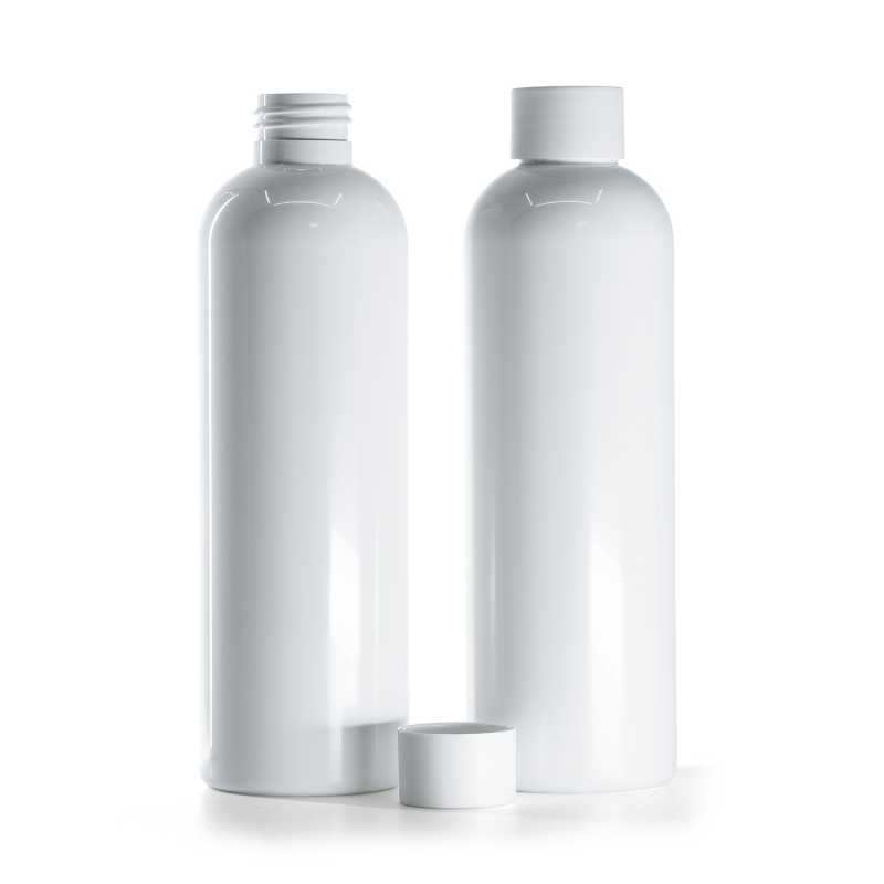 Bottiglia di plastica bianca, tappo bianco opaco, 250 ml