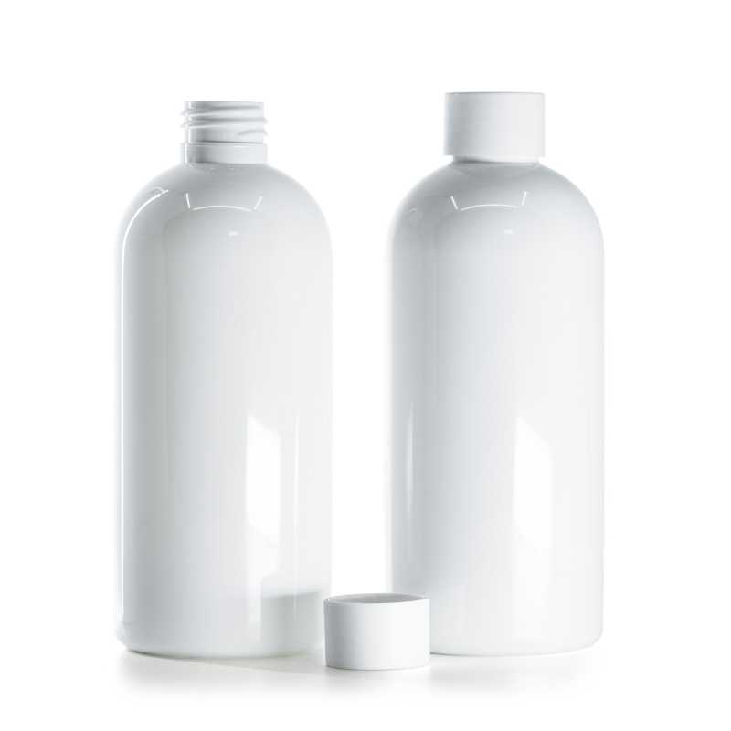 Bottiglia di plastica bianca, tappo bianco opaco, 300 ml