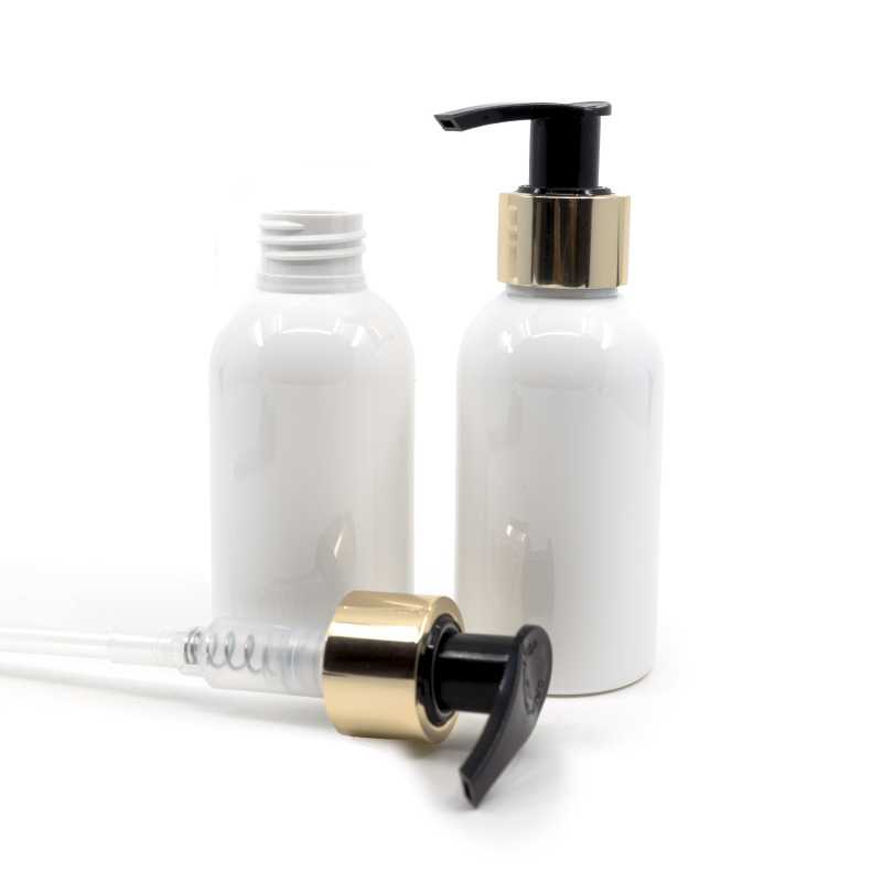 Flacone di plastica bianco, dosatore dorato, 100 ml