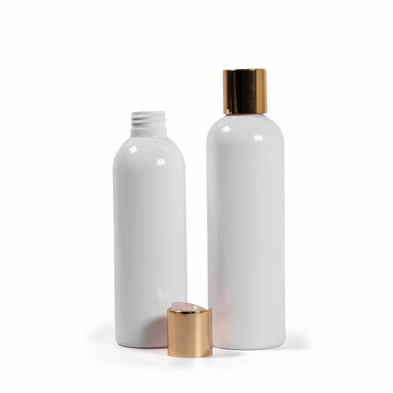 Bottiglia di plastica bianca, tappo flip-top dorato, 250 ml