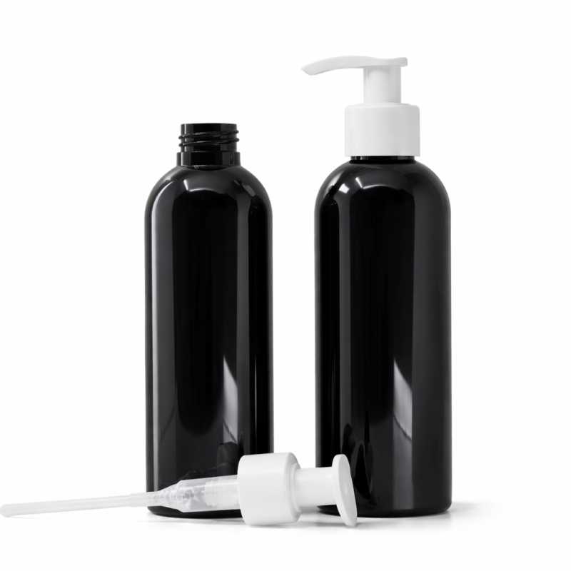 Bottiglia di plastica nera lucida, pompa bianca, 200 ml