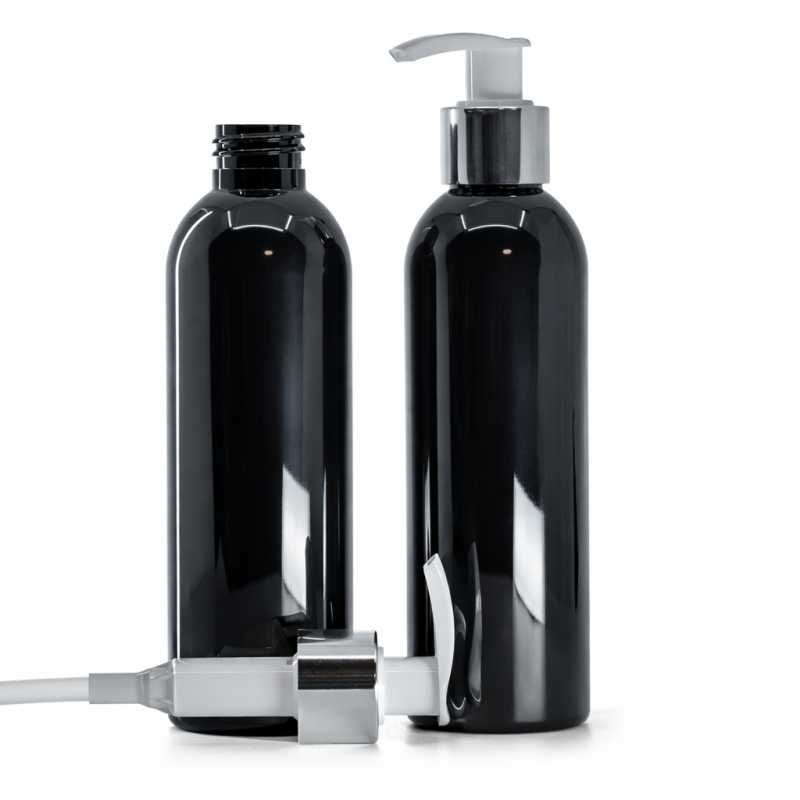 Bottiglia di plastica nera lucida, pompa bianca con anello argento lucido, 200 ml