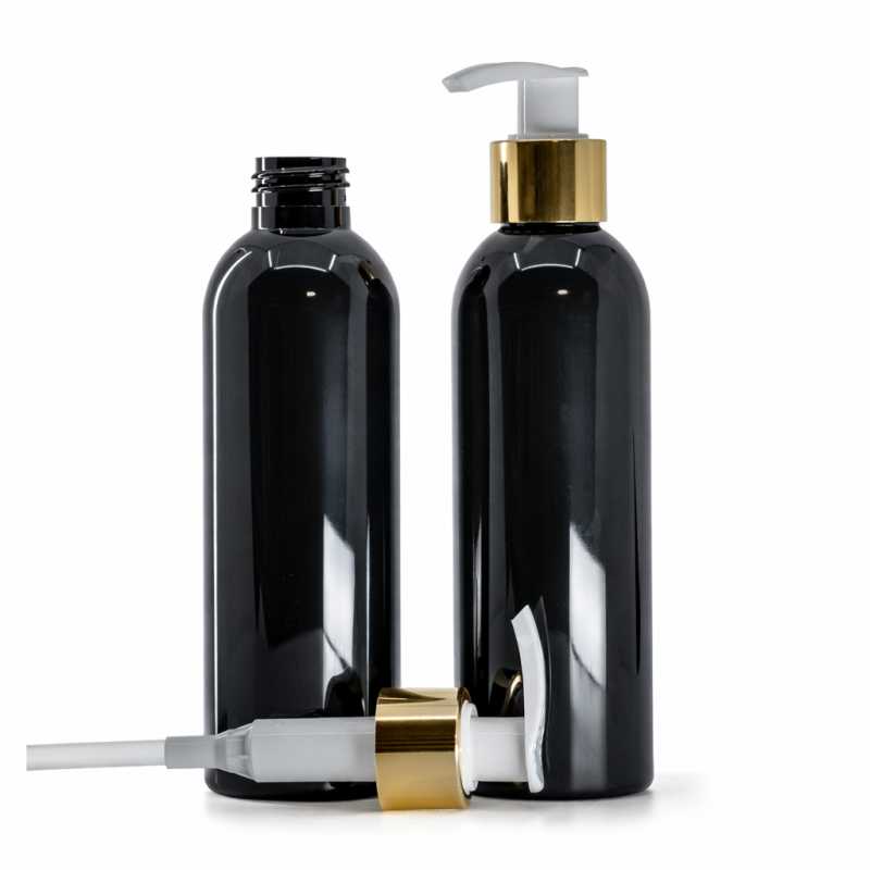 Bottiglia di plastica nera lucida, pompa bianca con anello dorato lucido, 200 ml
