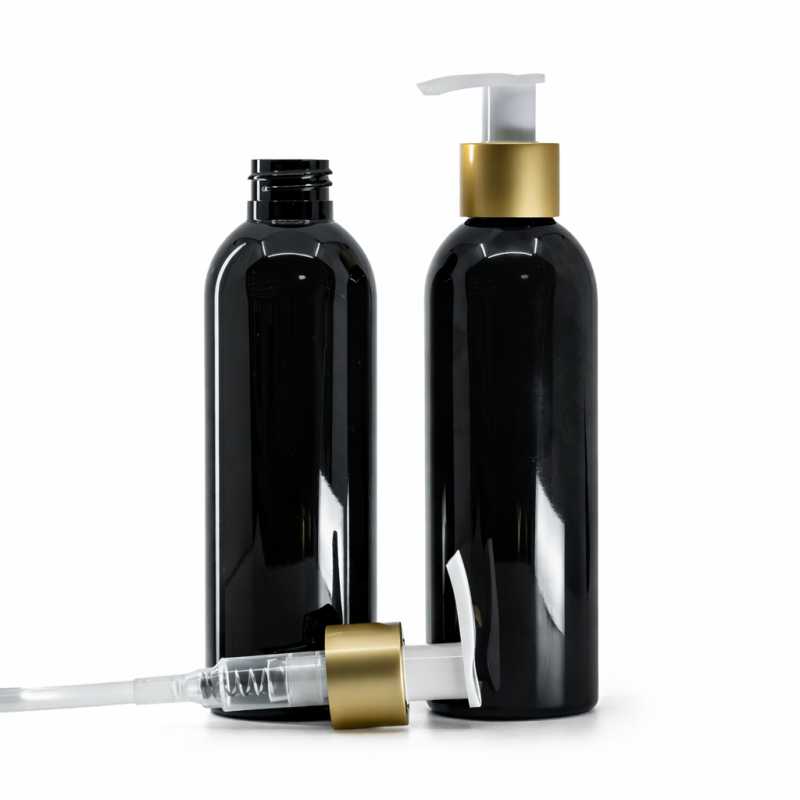 Bottiglia di plastica nera lucida, pompa lozione bianca con collare oro opaco, 200 ml