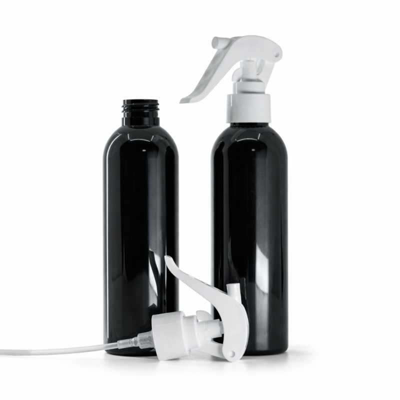 Bottiglia di plastica nera lucida, spruzzatore a grilletto bianco, 200 ml