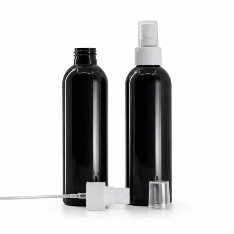 Bottiglia di plastica nera lucida, spruzzatore bianco, 200 ml