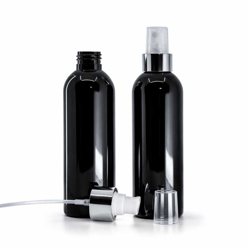 Bottiglia di plastica nera lucida, spruzzatore bianco, anello argento lucido, 200 ml