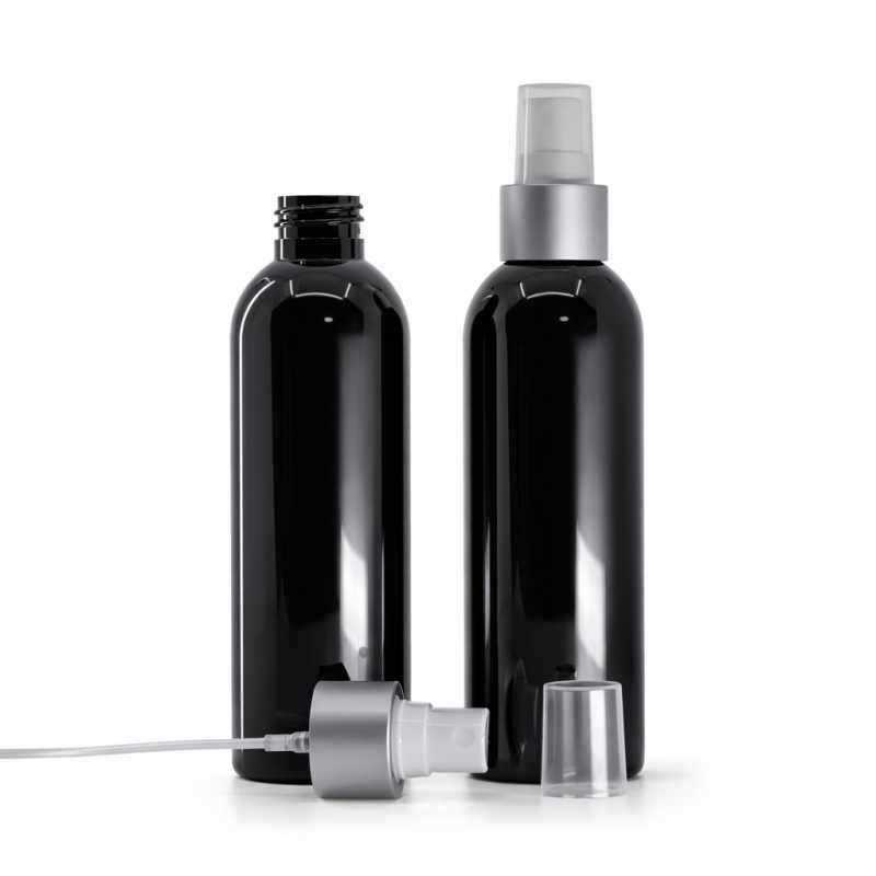 Bottiglia di plastica nera lucida, spruzzatore bianco, anello argento opaco, 200 ml