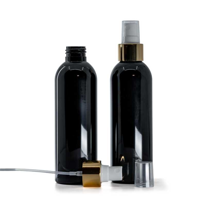 Bottiglia di plastica nera lucida, spruzzatore bianco, anello oro lucido, 200 ml