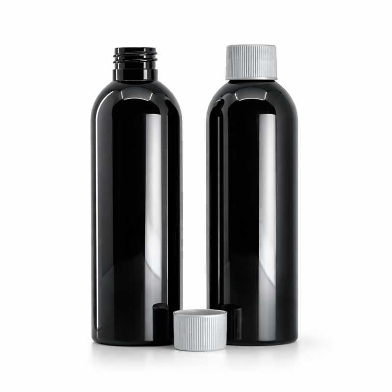 Bottiglia di plastica nera lucida, tappo bianco, 200 ml