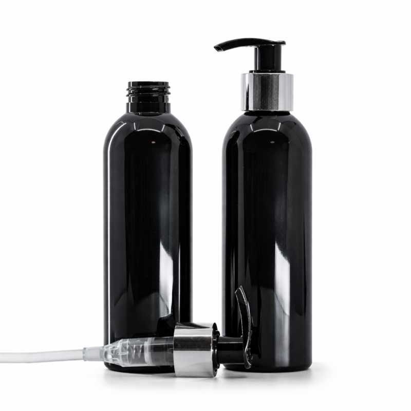 Bottiglia di plastica nera lucida, dosatore nero e argento, 200 ml