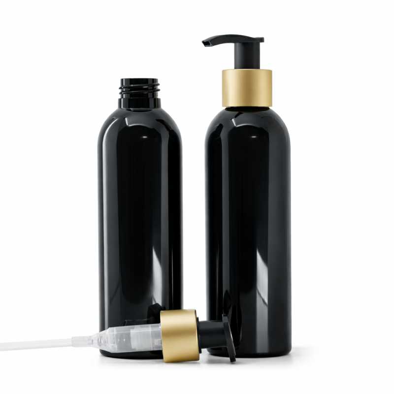 Bottiglia di plastica nera lucida, pompa lozione nera con collare oro opaco, 200 ml