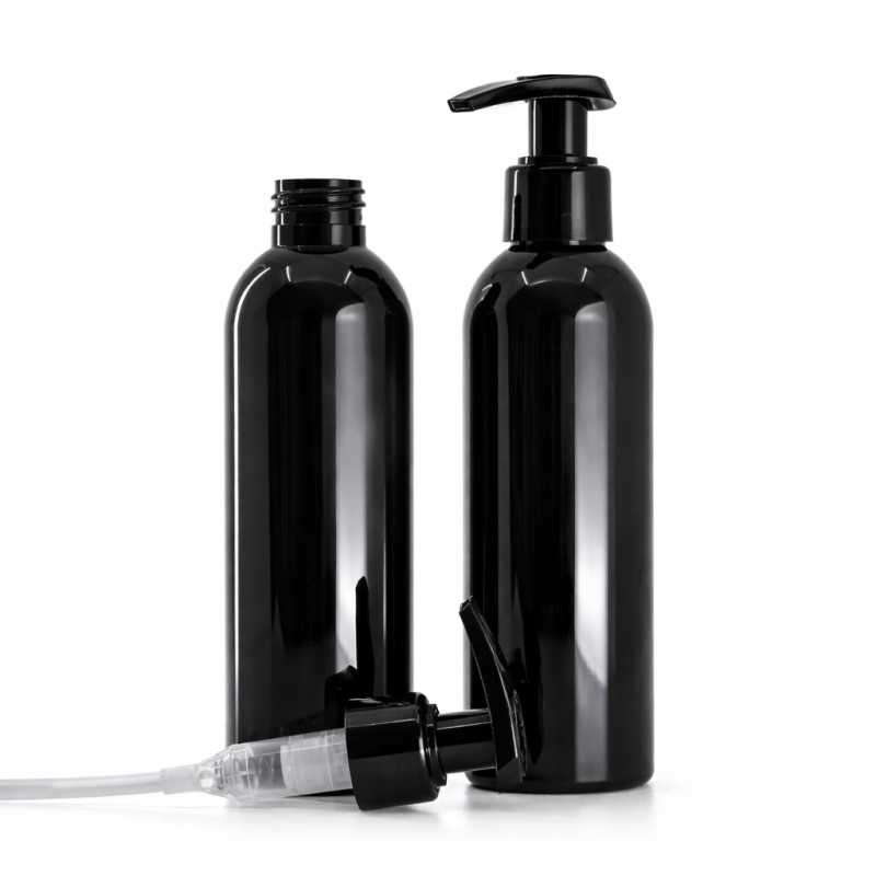 Bottiglia di plastica nera lucida, dosatore nero, 200 ml