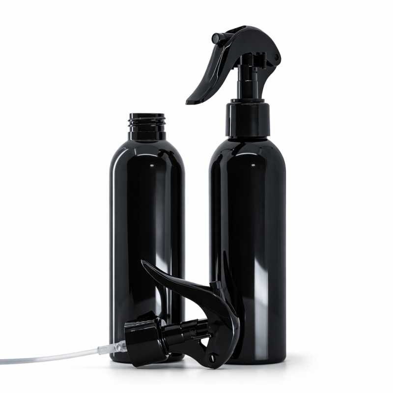 Bottiglia di plastica nera lucida, spruzzatore a grilletto nero, 200 ml