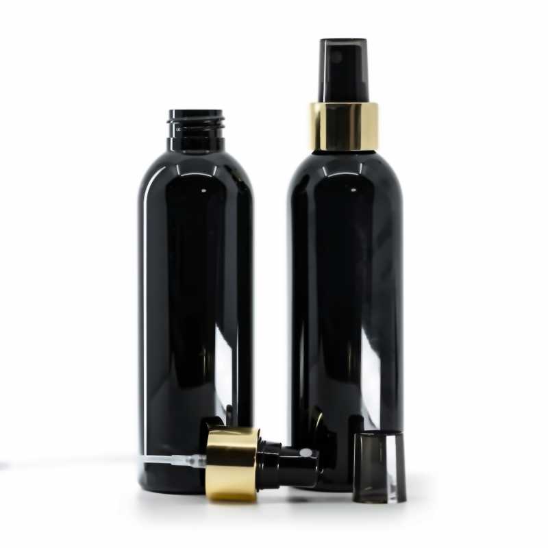 Bottiglia di plastica nera lucida, spruzzatore nero, collare oro lucido, 200 ml