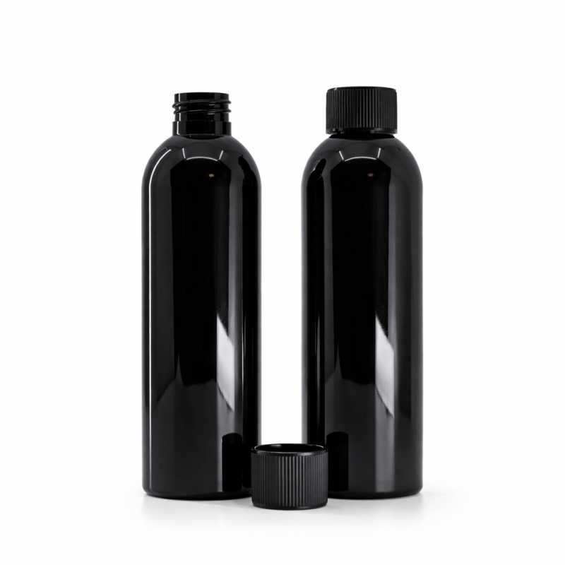 Bottiglia di plastica nera lucida, 200 ml, tappo a vite zigrinato nero
