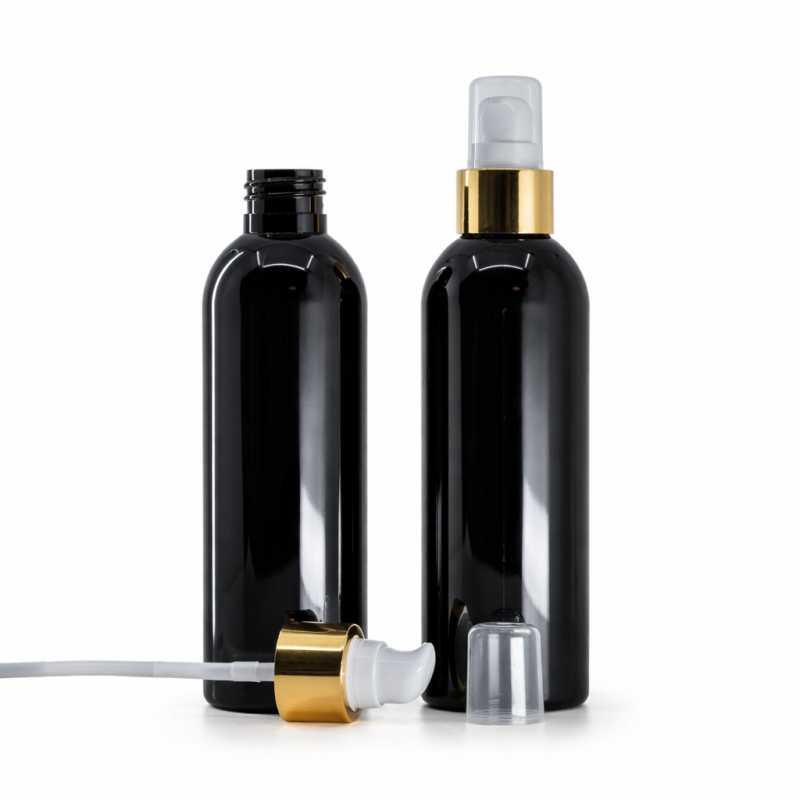 Bottiglia di plastica nera lucida, dosatore bianco con sopra-tappo e dettagli oro lucidi, 200 ml