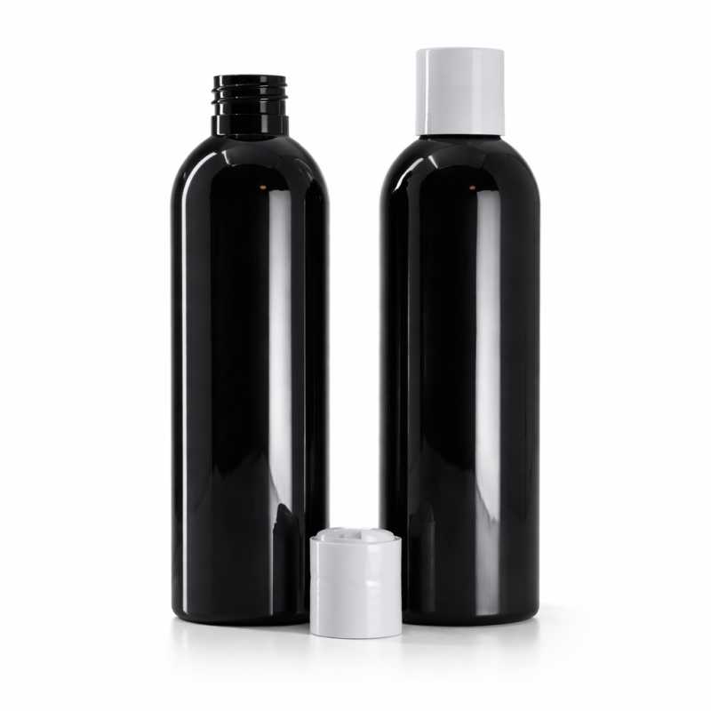 Bottiglia di plastica nera lucida, tappo disc-top bianco, 200 ml