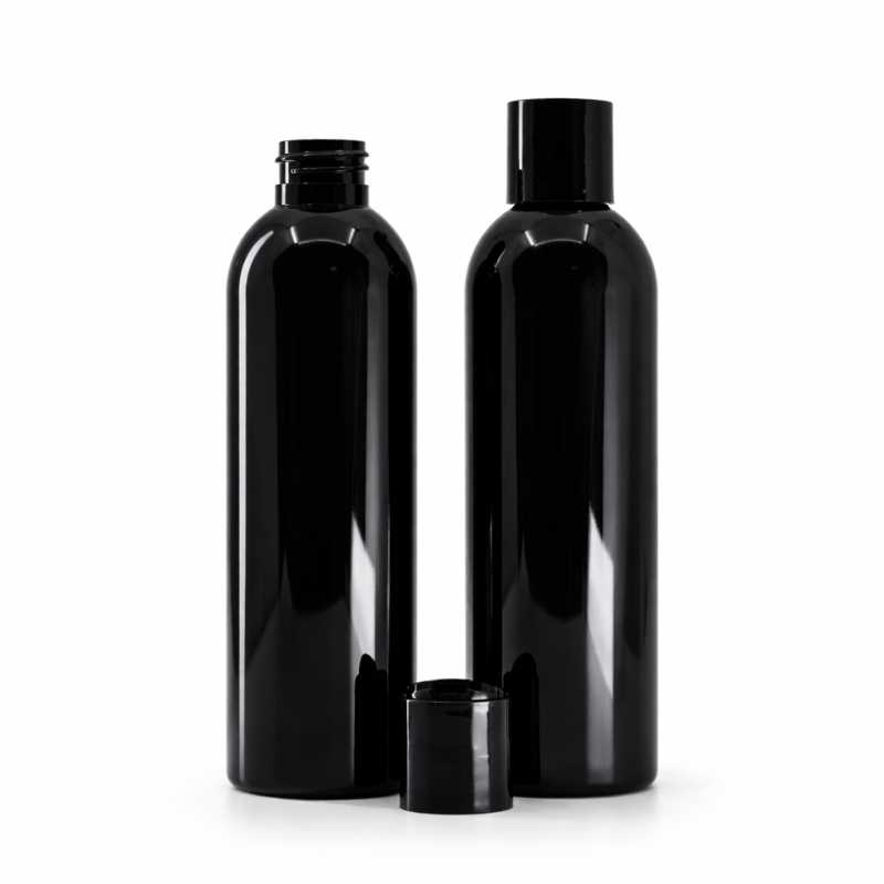Bottiglia di plastica nera lucida, tappo disc-top nero, 200 ml