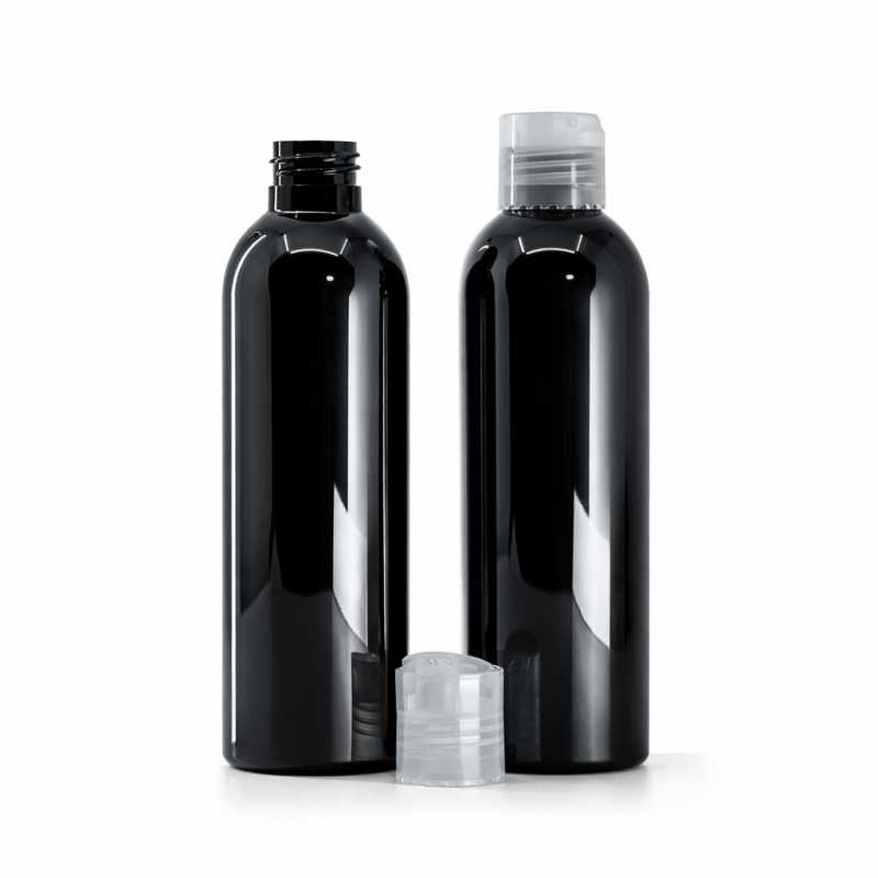 Bottiglia di plastica nera lucida, tappo disc-top trasparente, 200 ml