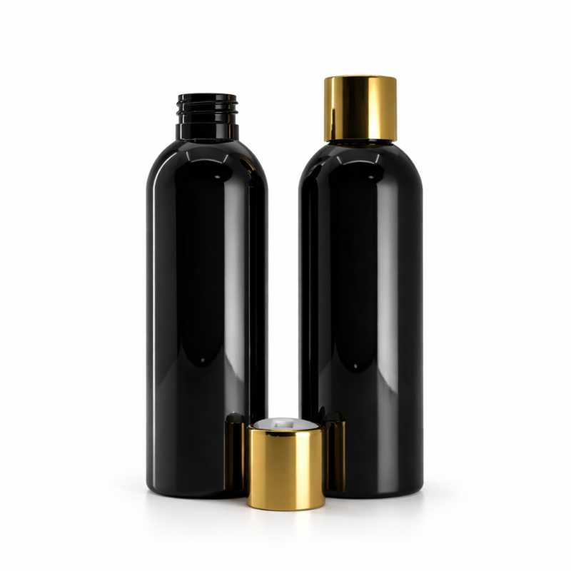 Bottiglia di plastica nera lucida, tappo disc-top, dorato, inserto bianco, 200 ml