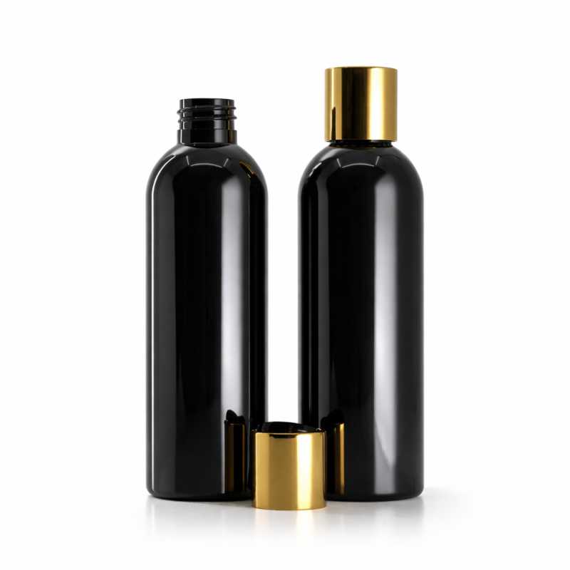 Bottiglia di plastica nera lucida, tappo disc-top dorato con parte centrale nera, 200 ml
