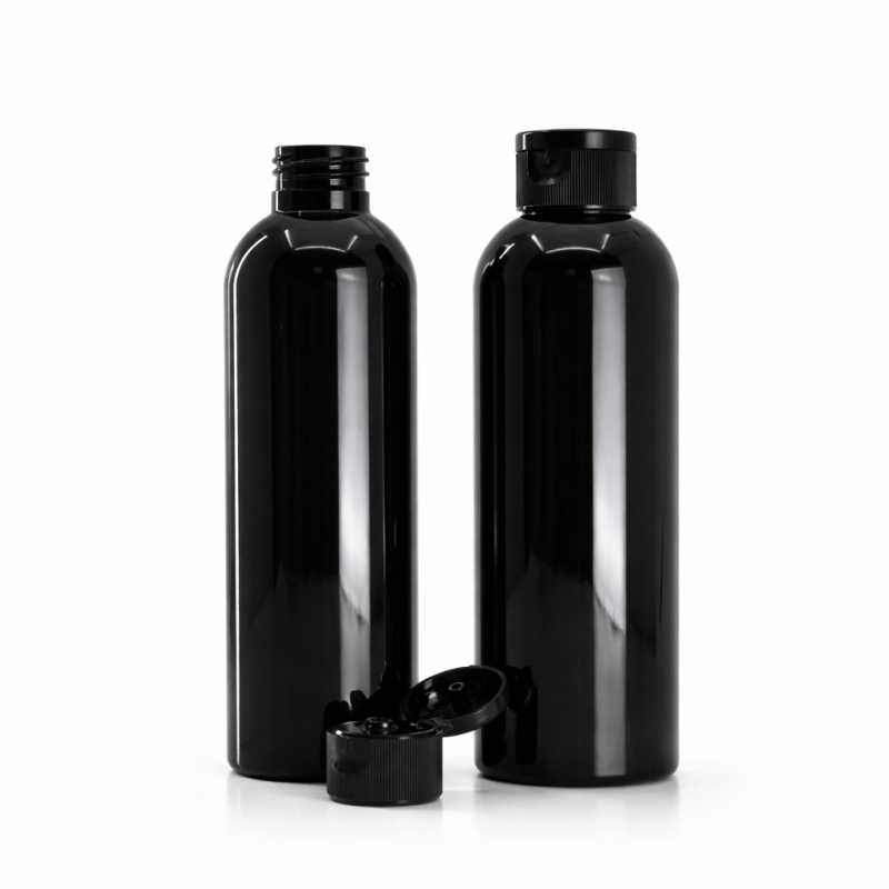 Bottiglia di plastica nera lucida, tappo flip-top nero, 200 ml