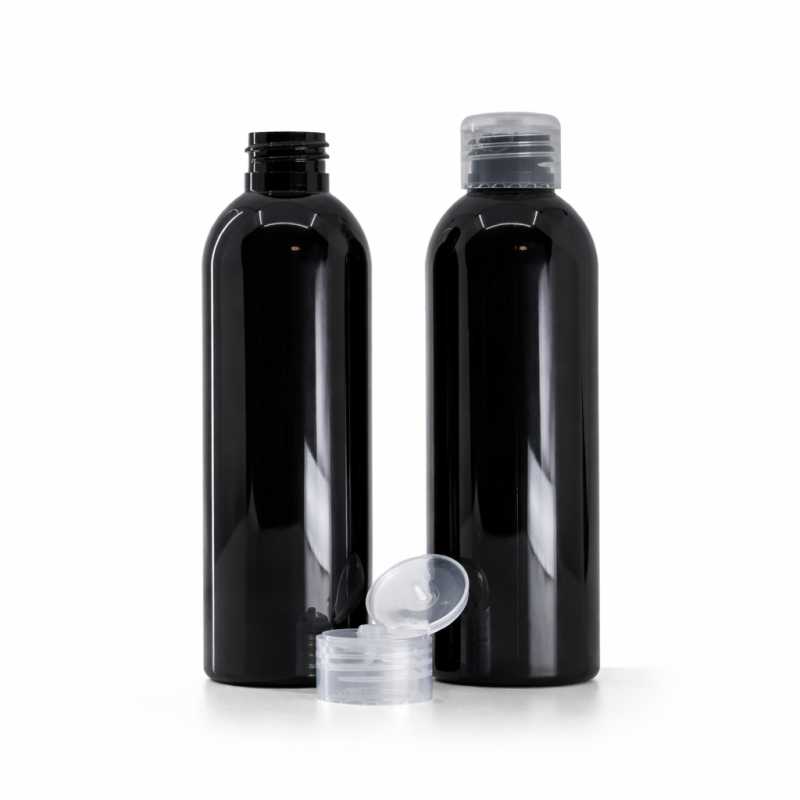 Bottiglia di plastica nera lucida, tappo flip-top trasparente, 200 ml