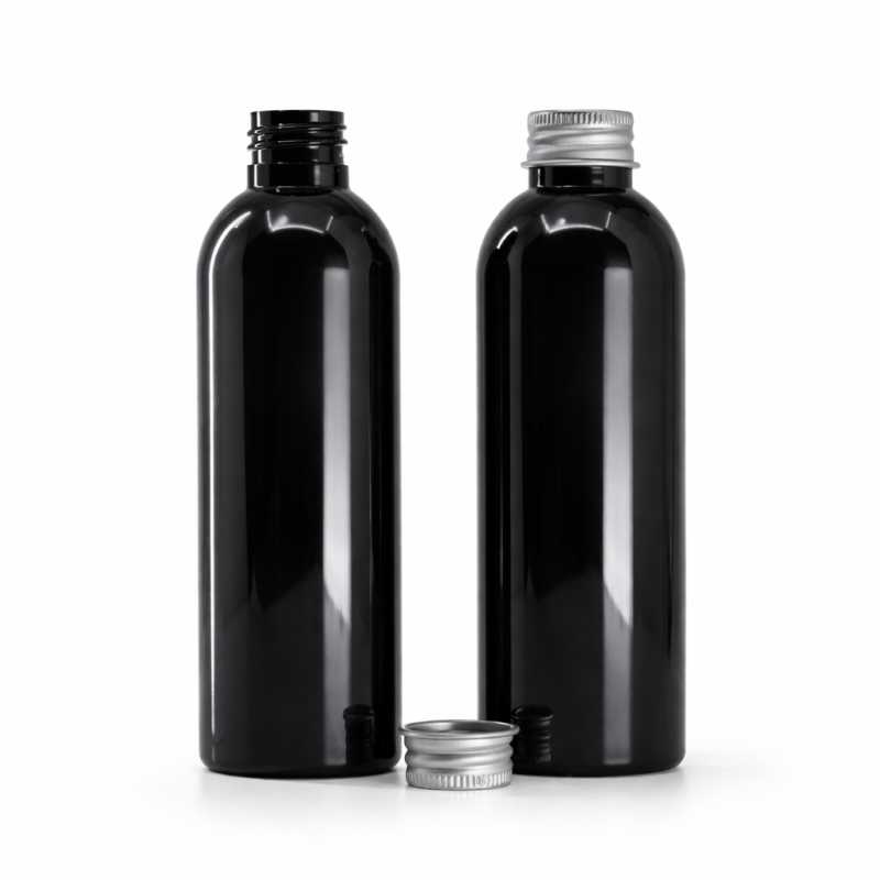 Bottiglia di plastica nera lucida, 200 ml, tappo in alluminio