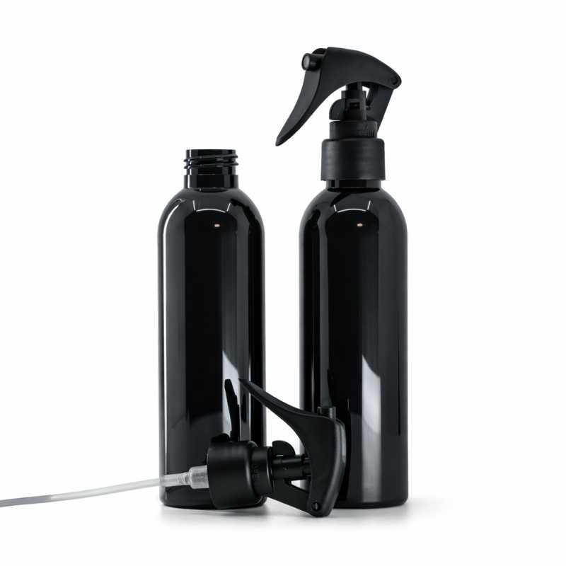Bottiglia di plastica nera lucida, spruzzatore a grilletto nero opaco, anello liscio, 200 ml