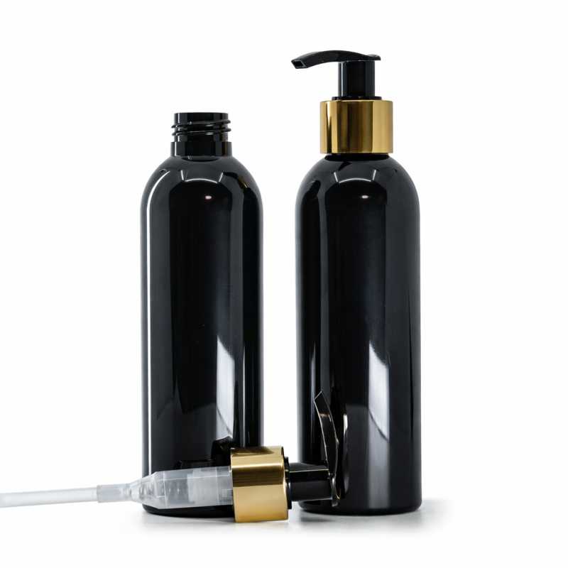 Bottiglia di plastica nera lucida, dosatore in plastica dorato, 200 ml
