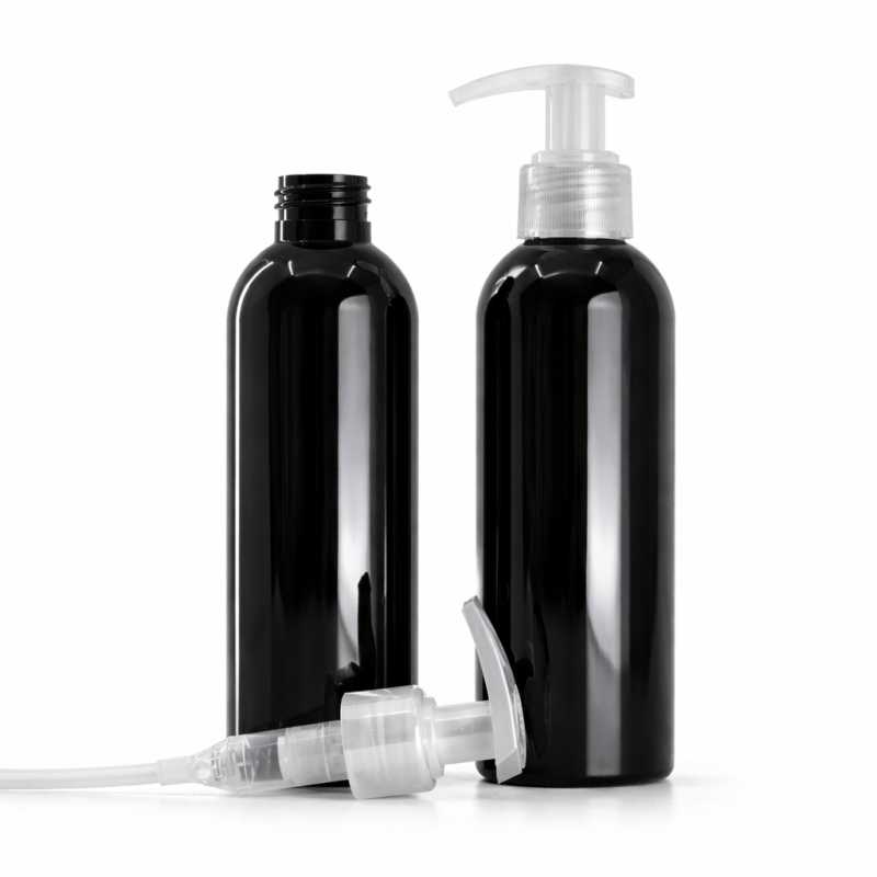 Bottiglia di plastica nera lucida, dosatore trasparente, 200 ml