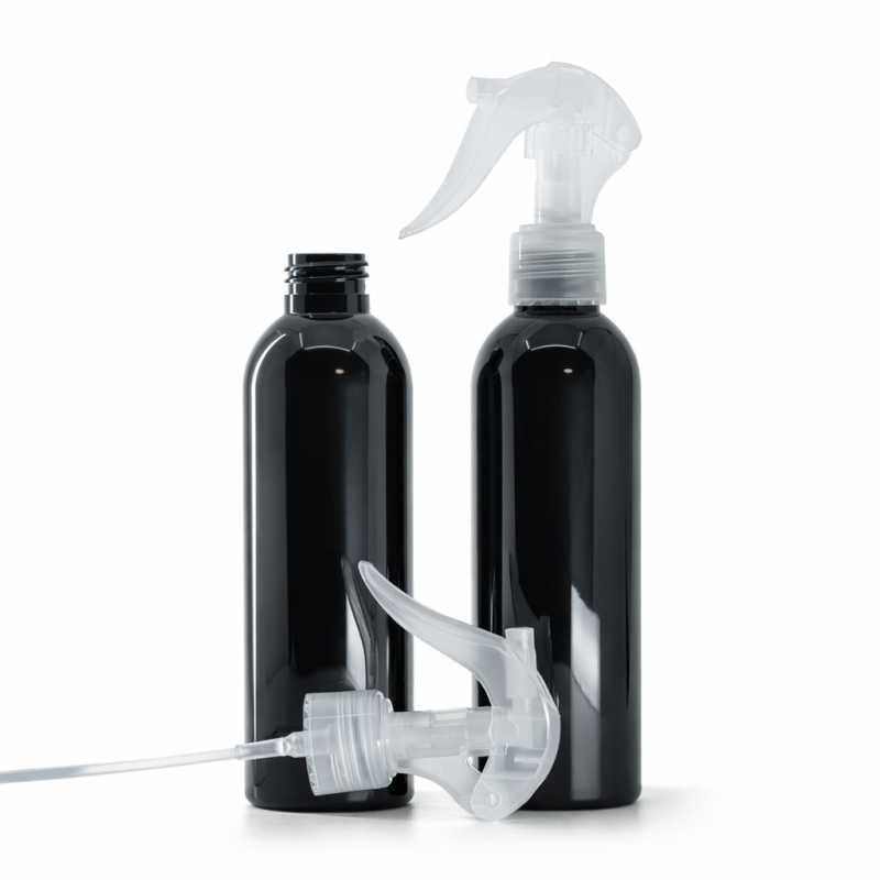 Bottiglia di plastica nera lucida, spruzzatore a grilletto trasparente, 200 ml