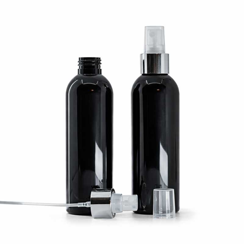 Bottiglia di plastica nera lucida, spruzzatore trasparente, anello argento lucido, 200 ml