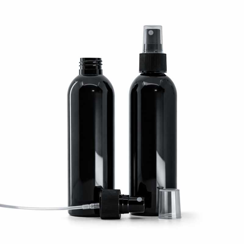Bottiglia di plastica nera lucida, spruzzatore nero, 200 ml