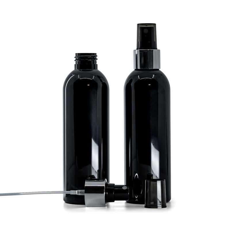 Bottiglia di plastica nera lucida, spruzzatore nero, anello argento lucido, 200 ml