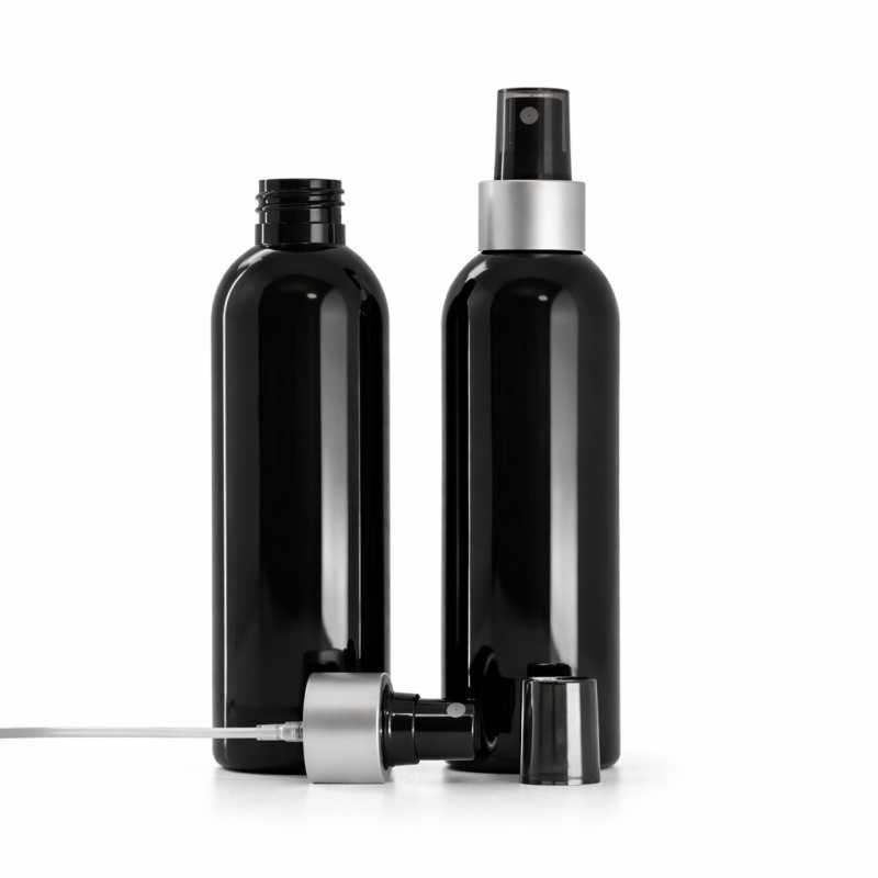 Bottiglia di plastica nera lucida, spruzzatore nero, anello argento opaco, 200 ml