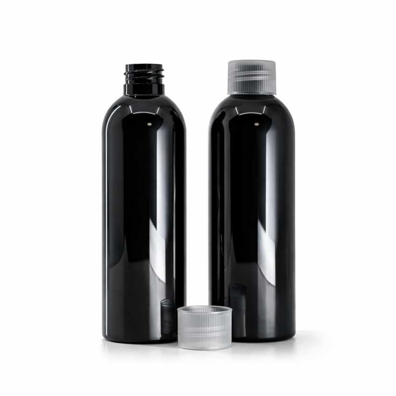 Bottiglia di plastica nera lucida, tappo trasparente, 200 ml
