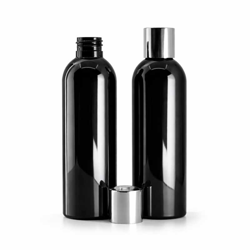 Bottiglia di plastica nera lucida, tappo flip-top argentato, 200 ml