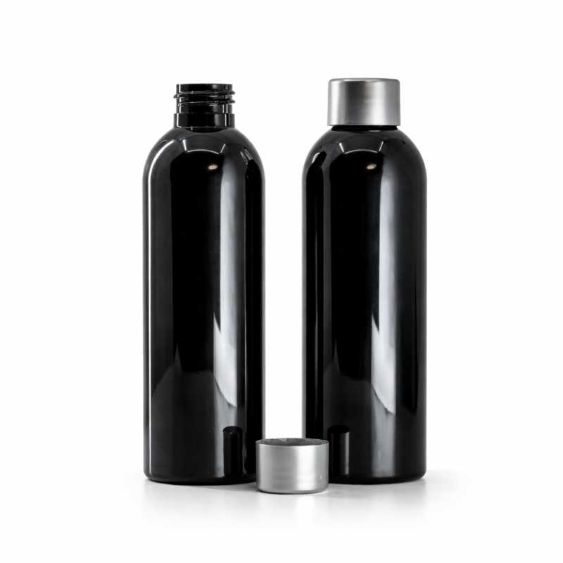 Bottiglia di plastica nera lucida, 200 ml, tappo argentato