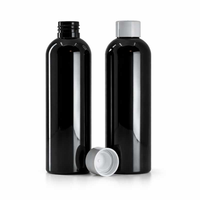 Bottiglia di plastica nera lucida, tappo bianco liscio con riduttore, 200 ml