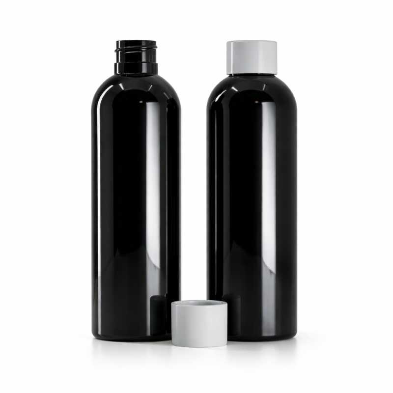 Bottiglia di plastica nera lucida, tappo bianco opaco, 200 ml