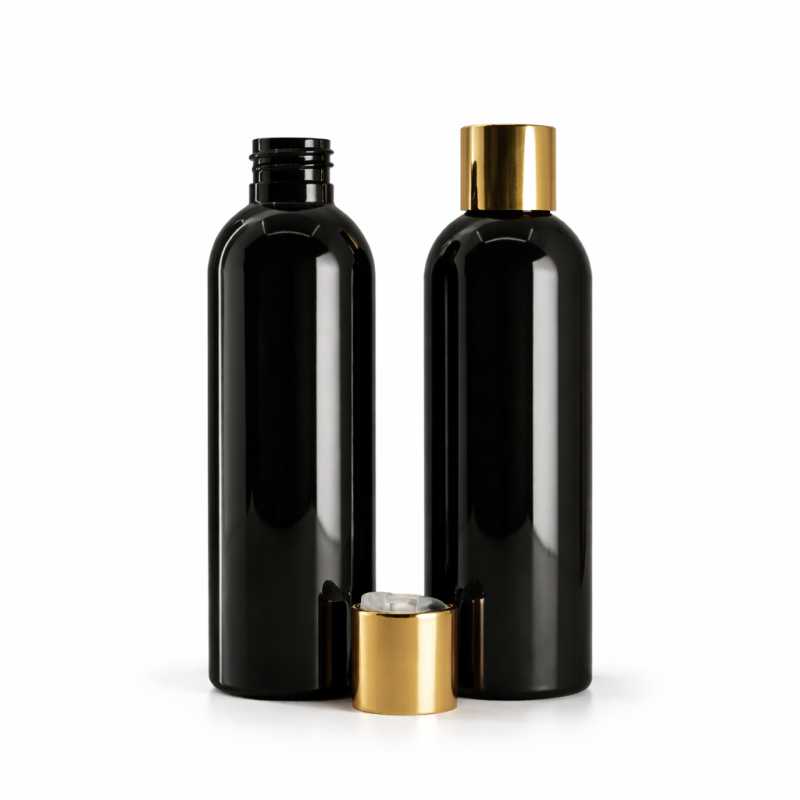 Bottiglia di plastica nera lucida, tappo flip-top dorato, 200 ml
