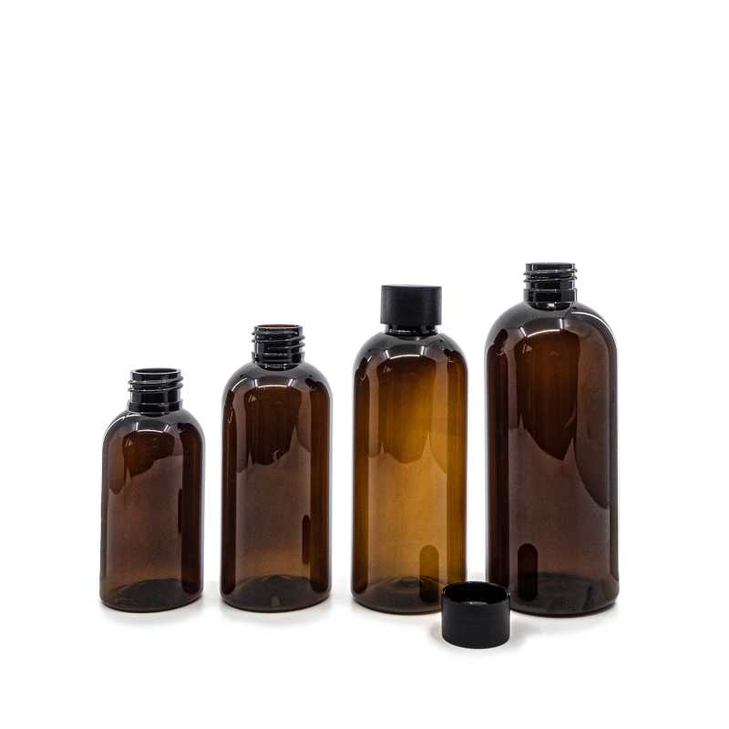 Bottiglia di plastica marrone, 24/410, tappo nero opaco, 300 ml