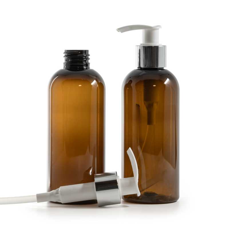 Bottiglia di plastica marrone, pompa bianca con anello argentato, 200 ml